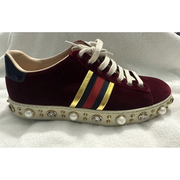 $1180 LkNEW GUCCI Burgundy Velvet New Ace Faux-Pearl Platform Sneakers RARE 37.5 - Picture 5 of 14